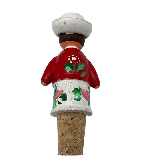 Wine Bottle Stopper Figural Man Wearing Hat w/ Floral Design Wood and Cork 4" - Picture 2 of 6